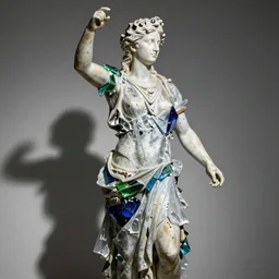 “Apollo statue made of pieces of glass and plastic bags, detailed but rough, 4k photo, great light and shadows”