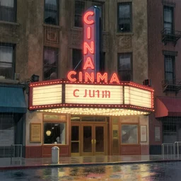 an old cinema, new york, rainy day, matte painting, studio ghibli, artstation