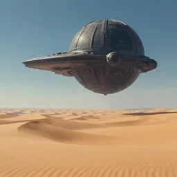 Wide long shot epic desert scenery, on the distant horizon hovers a colossal ornately detailed futuristic spherical dark spaceship, sharp focus, illustration, bokeh art by artgerm and donato giancola and Joseph Christian Leyendecker, WLOP, artstation, cgsociety, 8k