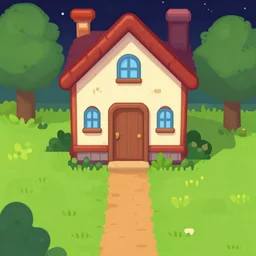 a house with a path leading up to the door, from a space themed Serria point and click 2D graphic adventure game, high quality cartoon style graphics