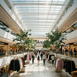 a shopping mall during the 6 0 s with light shinning down from the ceiling and indoor trees