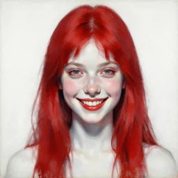 high quality high detail painting by lucian freud, hd, beautiful young girl portrait, demonic smile, alizarin crimson and white, photorealistic lighting
