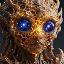 cosmic deity with eyes made of interstellar star - gates and molten honeycomb structure, intricate detail, royo, whealan, giger, hd, 8 k, octane render, unreal engine,