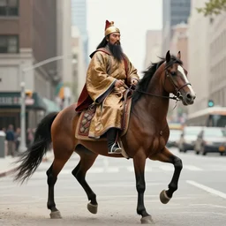 a 35mm photograph of Genghis Khan riding a horse down a New York city street in the 1960's, bokeh, Canon 50mm, cinematic lighting, photography, retro, film, Kodachrome