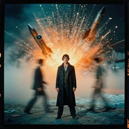 kodak portra 4 0 0, wetplate, muted colours, blueberry and orange and teal, movie clockwerk orange, 1 9 2 0 s style, motion blur, portrait photo of a backdrop, explosions, rockets, bombs, sparkling, snow, fog, by georges melies and by britt marling
