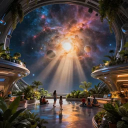 colossal spaceship viewing deck, beautiful nebulas, dramatic warm and cold lighting. light shafts and god rays. design by zaha hadid, families enjoying themselves, lush plants, architectural photography, 8 k, realistic lighting, reflections, bloom, hyperdetailed environment, pbr materials.