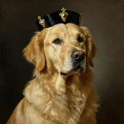 painting portrait of noble king golden retriever, rembrandt van rijn