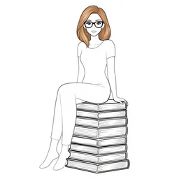 clean simple line art of a woman with light brown hair and glasses sitting on a tall pile of books. well composed, clean coloring book page, beautiful detailed face. coloring book line art by greg rutkowski and johanna basford