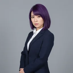sony a 7 r iii. iso 8 0 0, shutter 1 / 1 2 5, f / 1. 2. 3 / 4 turn portraiture pose. yearbook studio faculty and staff portrait of a beautiful gorgeous stern japanese purple haired female teacher who bears an uncanny resemblance to motoko kusanagi. motoko's hairstyle.