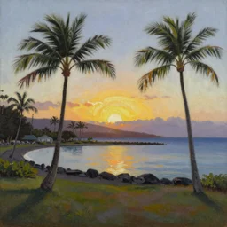 Lahaina Maui harbor, sunset with palms, by Botero, oil painting