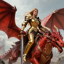 Full picture of barbarian woman in gold armour, holding a broadsword and riding a red dragon. The view is from below. high fantasy, trending on artstation, arstationhd, HD