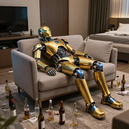 portrait photo of a shiny golden and blue metallic futuristic steampunk humanoid robot sleeping on a sofa in a modern hotel room, empty bottles all over the floor, a damaged tv, messy, pressphoto, insanely detailed, wide shot
