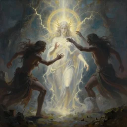 there stands a benevolent celestial being in the midst of a horizontal scene. evil and badness attack the celestial being from one side, but from his other side emerges light and life. the celestial being is a conduit. light and life emanate from the celestial being. | painting trending on artststion