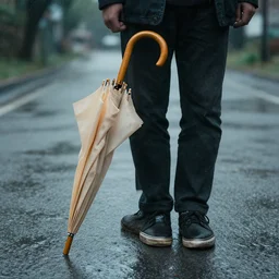 a wooden umbrella leaning against your knee, raining, photo