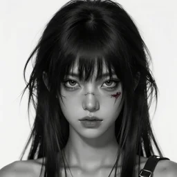 19-year-old barbarian girl with shaggy black hair, hair over her eyes, very long bangs, gray skin, scar, battle scar, face close up, digital art