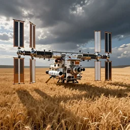 wreck of the International Space Station in a field of grain