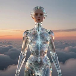 biblical strong beautiful female android, made of glass, bright glowing veins, in clouds, sunset, portrait, by gerald brom, by mikhail vrubel, by peter elson, muted colors, extreme detail, reflections, trending on artstation, 8 k