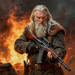 gandalf with an ar-15, oil painting, war photo, anger, fire, dramatic, very detailed, 4k