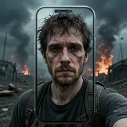 final selfie taken by the sad last person remaining alive on earth as the world is dramatically ending during the terrifying apocalypse visible in the background. Highly-detailed digital photo taken by the front-facing camera of a smartphone.