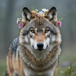 a beautiful wolf with flowers around its head!!!, rainy, dreamlike art, mist, realistic shaded, fine details, 4 k realistic, cryengine, realistic shaded lighting poster by greg rutkowski, magali villeneuve, artgerm, jeremy lipkin and michael garmash and rob rey
