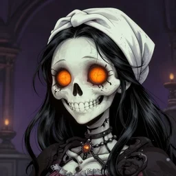 an attractive beautiful charming smiling fancy undead skull lady with with cute glowing orange eyes and plump wearing a handkerchief on the head by dan mumford and gil elvgren