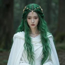 an ethereal high witch with long beautiful green hair with an intricate gold headdress, in a white flowing detailed cowl, detailed face in natural makeup, dark aesthetic, fantasy setting in a forest