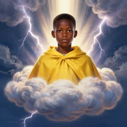 upper half portrait of an african boy - in a yellow cape - inside puffy clouds - surrounded by bolts of lightning - rays of light emanating from clouds - in the style of drew struzan movie poster, art by drew struzan & hsiao - ron cheng, highly detailed, digital painting, ray tracing, illustration, smooth, sharp focus, intricate, symmetry, artstation,