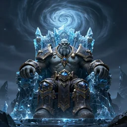 epic world of warcraft orc warrior chief thrall standing in front of a gigantic throne made of dark ice with a dark sky above made of a dark hurricane spiral, extremely detailed, wow, cinematic