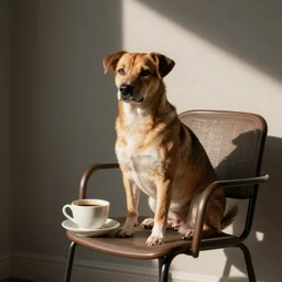 a dog sitting on a chair with a cup of coffee in front of him