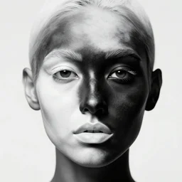 A woman's face, half white skin and half black skin, by rinat voligamsi