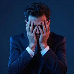 portrait of corporate misery, holding his face in his hands, in the style of peter mohrbacher, artgerm, blue dramatic lighting and composition, octane render, trending on artstation, concept art 8 k