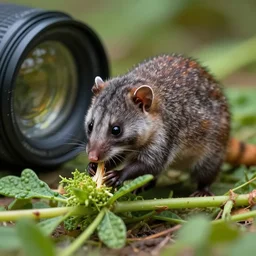 An invasive animal gnaws on an invasive plant, macro lens, photorealistic, 4k