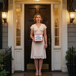 symmetrical, scarlett johansson at the front door trying to sell you girl scout cookies, 1 9 2 0 s, hyperrealism, realistic lighting