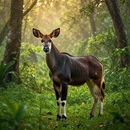 an okapi spotted in a rainy, wet, very green congo forest, majestic!!! beautiful!!!, ethereal!!! ultra realistic, golden hour, volumetric lighting, sharp focus