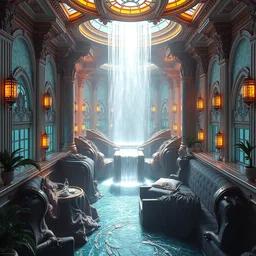 bright sleek waterfall solarpunk palace interior, neo - rococo, extreme opulence, 4 k octane render, utopia, volumetric light, 4 k full hd, cinematic, futuristic, wealthy atmosphere, imagined by simon bizley, albert bierstadt, herbert james draper, arnold bocklin, caspar david friedrich, sir lawrence, alma tadema, karl heilmayer, aerial view