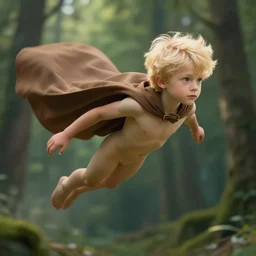 blonde boy wearing a brown cape and flying, forest background, au naturel, hyper detailed, digital art, radiant highlight, trending in artstation, cinematic lighting, studio quality, smooth render, unreal engine 5 rendered, octane rendered, art style by klimt and nixeu and ian sprigger and wlop and krenz cushart.