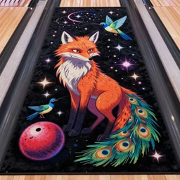 a stylized neon black velvet bowling alley carpet design of a bipedal fox demon with a skull for a face, hummingbird feathers for fur, themed around death and astronomy and peacocks, in the style of dnd beyond avatar portraits, beautiful, artistic, elegant, lens flare, magical, lens flare, nature, realism, stylized, 8 0 s, vhs, art by hayou miyazaki