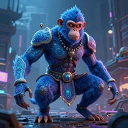 high quality 3 d render stylized mischievous cyborg muscular man monkey blue hybrid, neon madhubani, highly detailed, cyberpunk!! mumbai in the background, unreal engine cinematic smooth, szukalski ravi varma, moody light, low angle, uhd 8 k, sharp focus