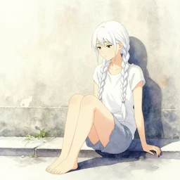 concept, girl sitting on street, against wall, pretty, sitting alone, looking left down street, long white braids, singular, isamu imakake, cutout, photoshop mid filter, anime, watercolor, intricate, balance, full far portrait, flat lighting + masterpiece,