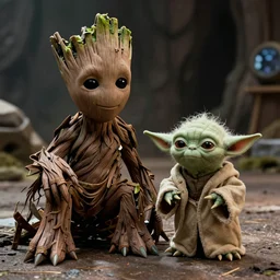 Film still of Groot sitting next to Yoda on Dagobah, from Star Wars The Empire Strikes Back (1980)