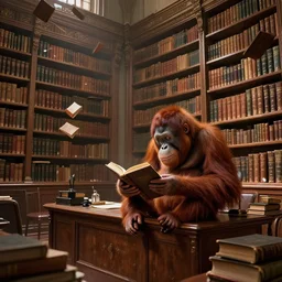 long shot, wide angle view, orangutan known as the librarian sitting on a desk, reading a book in a library, books flying everywhere, victorian bookshelves from the unseen university, epic, master, illustration, concept art, 4 k