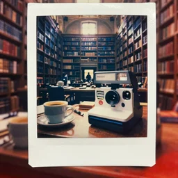 Vintage analog poloroid of cluttered desk in massive impressive library, coffee, warm azure tones, red color bleed, film grain, beautiful, brilliant