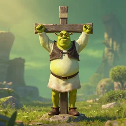 shrek on crucifix, unreal engine 4, ultrarealism, still from the game