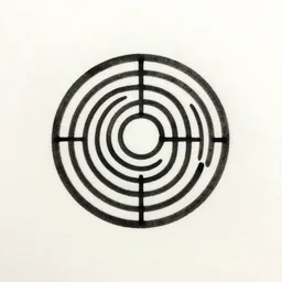 a circular labyrinth stamped in black ink centered on off white paper with white space around it