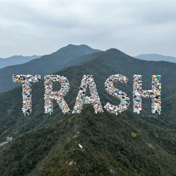 Mountains of trash that form the word TRASH when looked from above