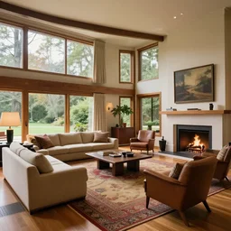 A vast beautiful fully stocked living room area in a mansion designed and decorated by Frank Lloyd Wright, rugs, sofa, chairs, fireplace with a fire going, tables,