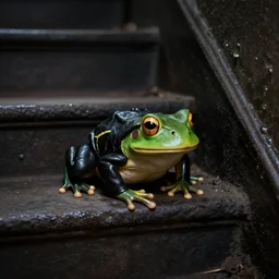 Pepe the frog wearing black leather crawling out of a basement from a dark stair