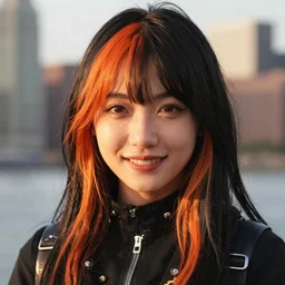 a beautiful close up portrait photo of a very beautiful young Chinese female model wearing cybergothic clothing, black hair with bright orange streaks of hair, cute smile, beautiful detailed eyes, golden hour in Manhattan, outdoors, professional award winning portrait photography, Zeiss 150mm f/2.8 Hasselblad