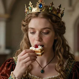 closeup medieval bosch face portrait of a fairytale princess wearing a crown eating cakes in the castle, bikini, depth of field, zeiss lens, detailed and intricate environment, fashion photoshoot by nicoletta ceccoli, mark ryden, lostfish, breathtaking, 8 k resolution, extremely detailed, beautiful, establishing shot, artistic, hyperrealistic, octane render