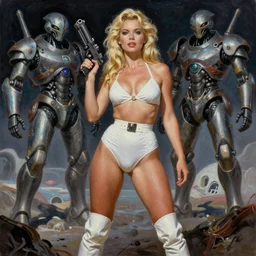 A mixed media portrait painting of a beautiful blonde brunette woman exploring an alien planet, very curvy, aesthetic! high-waisted white-bikini-armor and boots, holding raygun, aesthetic symmetrical face and eyes, model, Scandinavian, wet, discarded mechsuit in background, by  Frank Frazetta, Boris Vallejo, Beeple, Greg Rutkowski, Christian MacNevin, eighties-pinup style, epic fantasy character art, high fantasy, CGsociety, exquisite detail, post-processing, masterpiece, cinematic